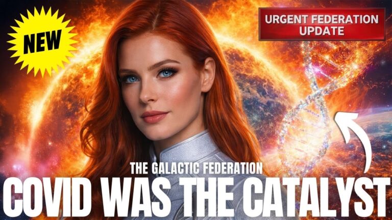 COVID Was the Catalyst thumbnail showing a red-haired Galactic Federation emissary in front of a blazing orange sun and solar flare, surrounded by cosmic light and subtle starship energy, with bold white title text “COVID WAS THE CATALYST,” styled as a dramatic New Earth ascension graphic for a post about the cabal’s failed DNA heist, planetary DNA awakening, nervous system repatterning, and Galactic Federation guidance.