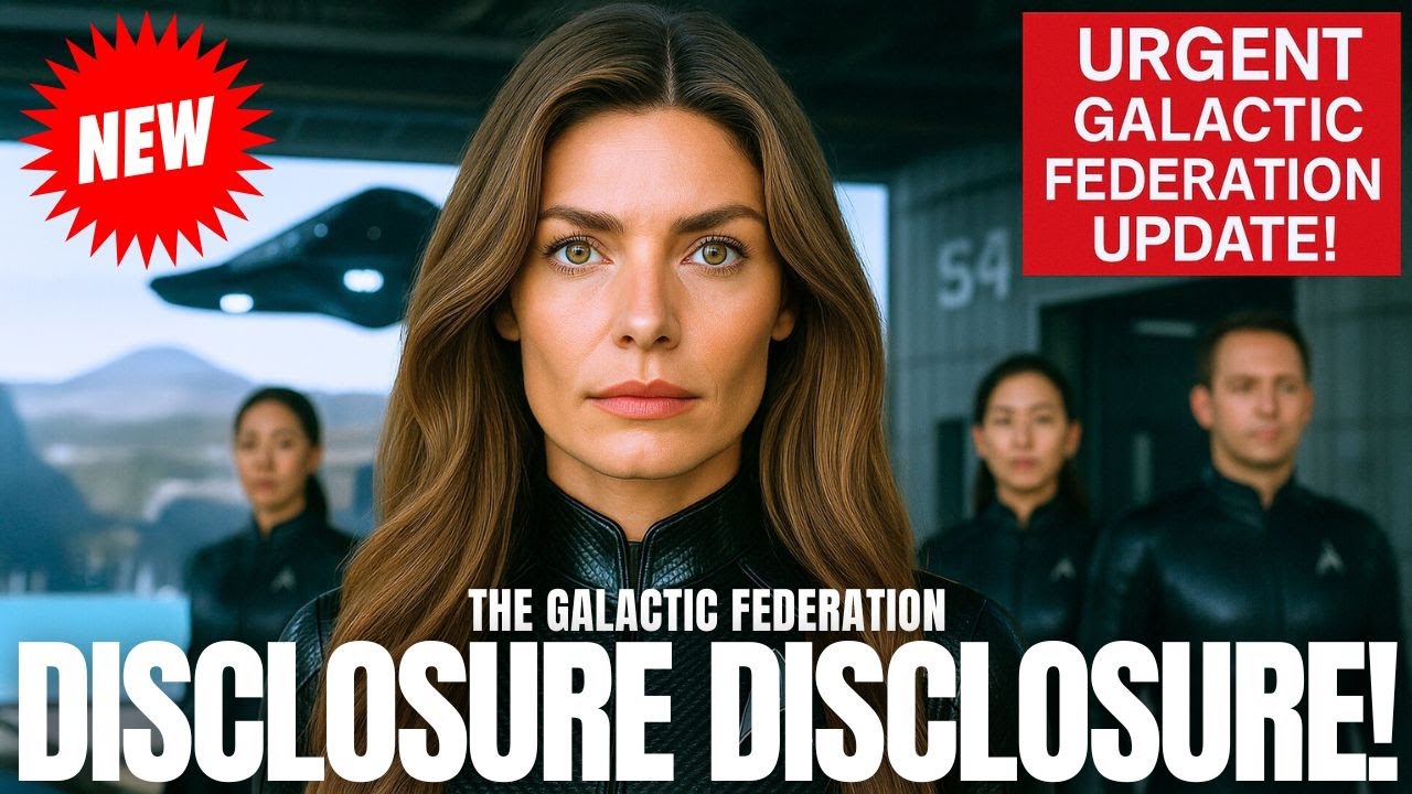 A dramatic YouTube-style thumbnail showing a serious female Galactic Federation emissary in a dark uniform standing in front of a futuristic landscape with starry skies and hovering craft, flanked by other officers. Bold white text at the bottom reads “DISCLOSURE DISCLOSURE!” with bright red badges saying “NEW” and “URGENT GALACTIC FEDERATION UPDATE,” visually signaling breaking news about quiet disclosure, free energy technology, advanced propulsion and upcoming 2026 revelations from the Galactic Federation of Light.