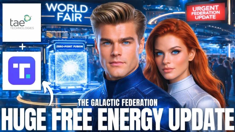 Futuristic YouTube-style thumbnail for a Galactic Federation transmission titled “Huge Free Energy Update.” A confident blond male emissary in a blue suit and a red-haired female emissary stand side by side in front of a glowing blue fusion-reactor style backdrop filled with circuitry, star maps and holographic grids. Logos in the corners reference a world media fair and a social platform, hinting at the TAE Technologies–Trump Media merger, Space Force involvement and rising “cities of light.” Bold white lettering across the bottom reads “HUGE FREE ENERGY UPDATE,” signaling a major message about fusion breakthroughs, free energy disclosure, decentralized grids and the next phase of planetary awakening.