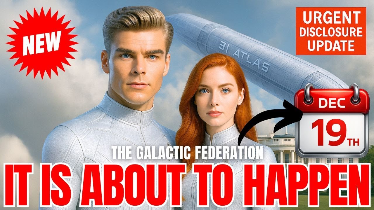 A dramatic Galactic Federation of Light style banner showing two human-looking galactic emissaries in front of a blue cosmic sky with “IT IS ABOUT TO HAPPEN” in bold red text and a red Dec 19 date badge, signaling an urgent December 19 Nexus message about 3I/ATLAS, rising disclosure pressure, collapsing fear governance, splitting timelines and humanity’s awakening.