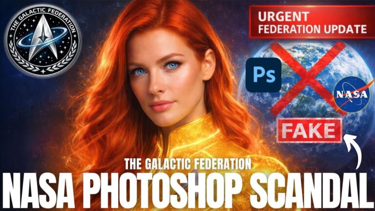 Миниатюра скандала с фотошопом в НАСА, на которой изображена рыжеволосая женщина-эмиссар на фоне эффектного фиолетово-оранжевого космического пейзажа, логотип Галактической Федерации, значки Земли и Луны, а также жирный текст «СКАНДАЛ С ФОТОСХОПОМ В НАСА», намекающий на отредактированные космические изображения, споры вокруг высадки на Луну, секретные космические программы и скрытое разоблачение Галактической Федерации.