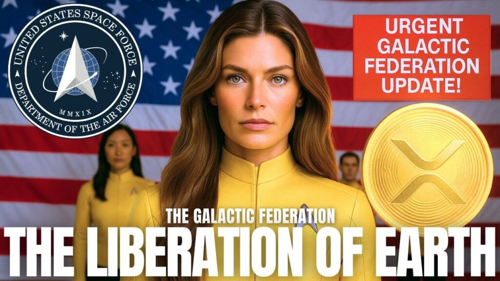 A cinematic Galactic Federation–themed image featuring a central female emissary with long brown hair standing in front of a cosmic background, flanked by a Federation insignia on one side and an urgent red banner reading “Galactic Federation Update” on the other. A luminous golden seal appears in the lower right corner, symbolizing planetary authority and ascension. Bold text across the bottom reads “The Liberation of Earth,” framing the graphic as an official transmission announcing Earth’s final phase of awakening, ascension, and liberation.
