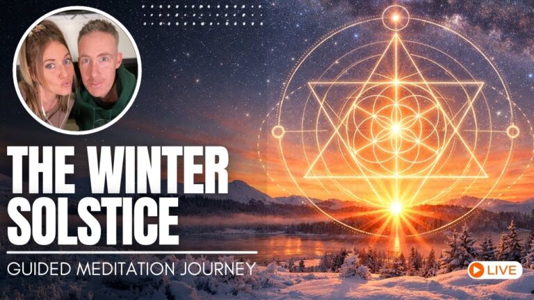 Promotional banner for “THE WINTER SOLSTICE” meditation by GFL Station. A glowing sunrise/sunset sits on the horizon beneath a radiant sacred-geometry light grid (golden lines forming a star/merkaba-style pattern) over a dark landscape. Warm orange and gold tones dominate the scene, conveying stillness, renewal, and returning light. At the top-left is a small circular profile photo of the hosts (David and Kelly).