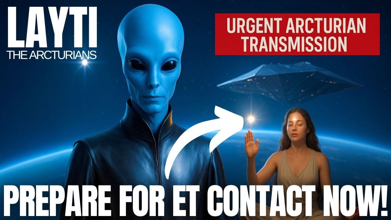 Blue Arcturian being standing above Earth beside a human contactee under a luminous starship, with bold text reading “Prepare For ET Contact Now” and “Urgent Arcturian Transmission,” illustrating Layti’s message about October eclipse gateways, Arcturus energies and starseeds preparing for benevolent first contact with their galactic family.