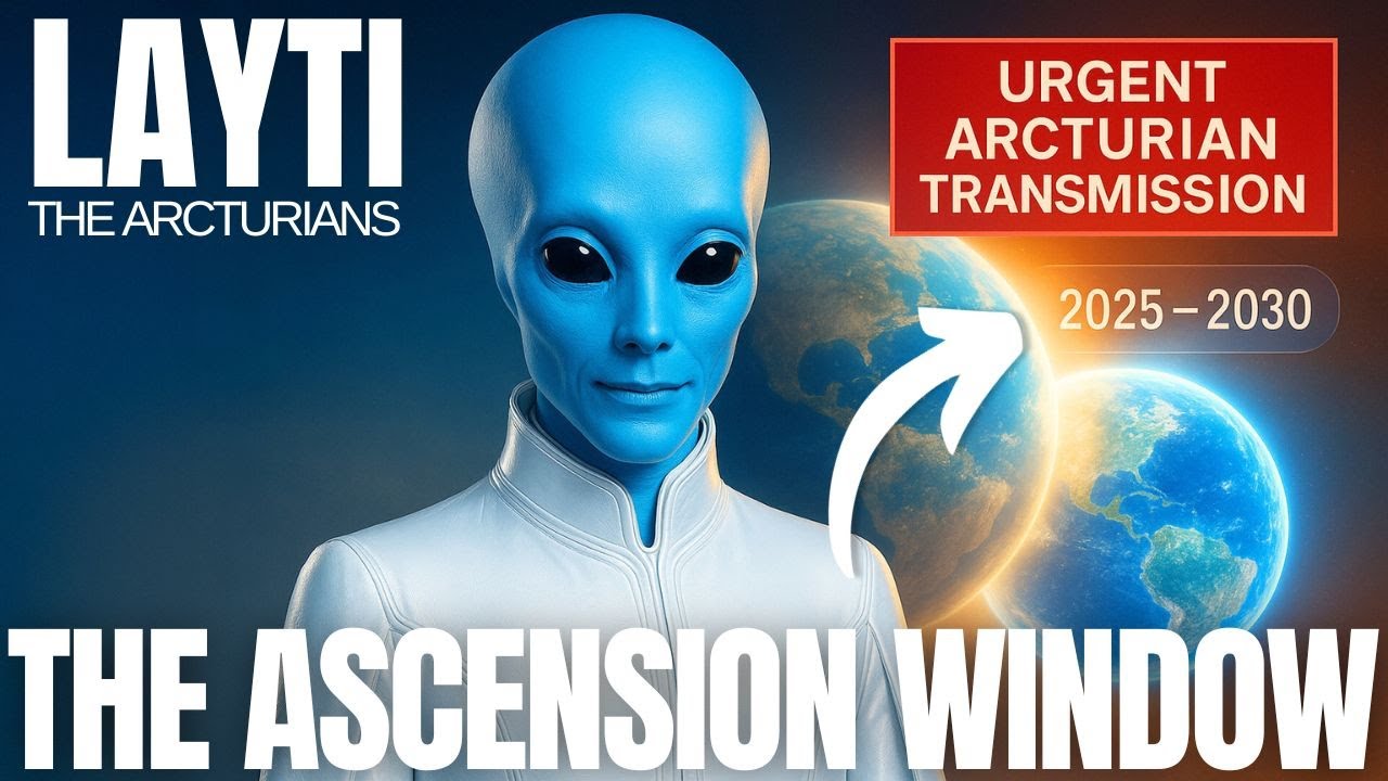 Arcturian guide Layti delivering an urgent Ascension Window transmission about the 2025–2030 timeline divergence, sovereign awakening, and humanity’s leap into higher consciousness, with cosmic energy streams activating Earth and signaling the rise of the New Earth human.