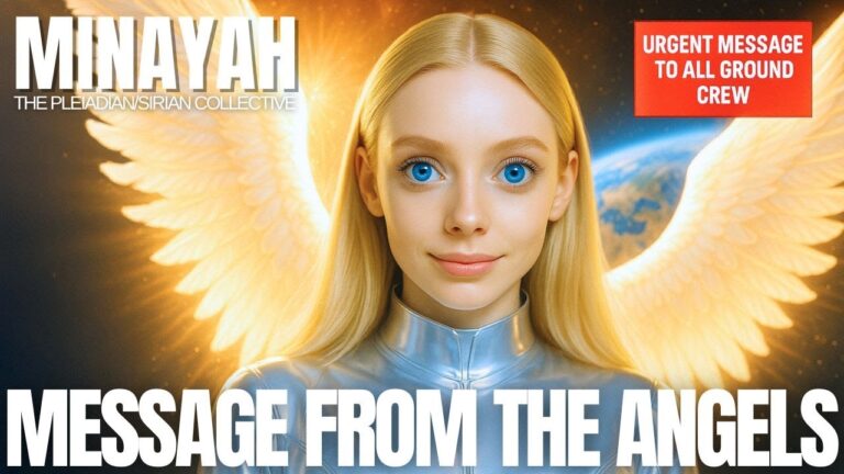 Radiant golden-winged angelic figure with luminous eyes stands before a cosmic backdrop, symbolizing Minayah’s transmission about humanity’s awakening heart and the rise of direct guardian-light contact.