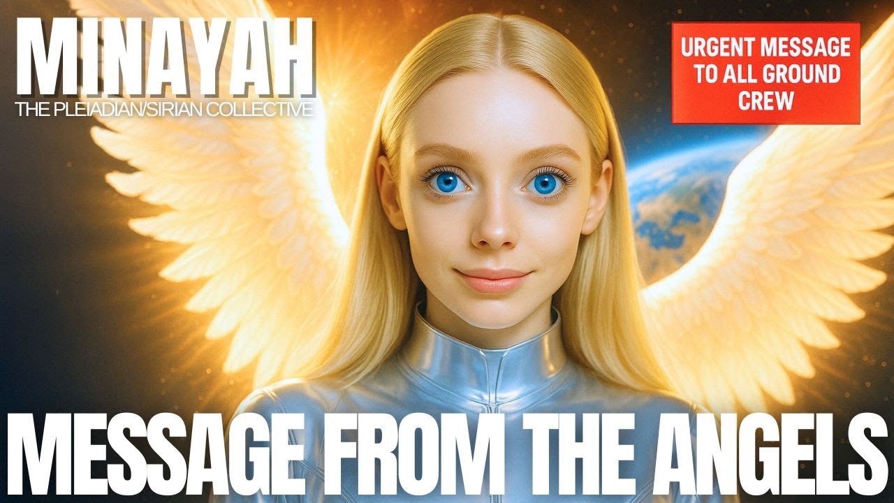 Radiant golden-winged angelic figure with luminous eyes stands before a cosmic backdrop, symbolizing Minayah’s transmission about humanity’s awakening heart and the rise of direct guardian-light contact.