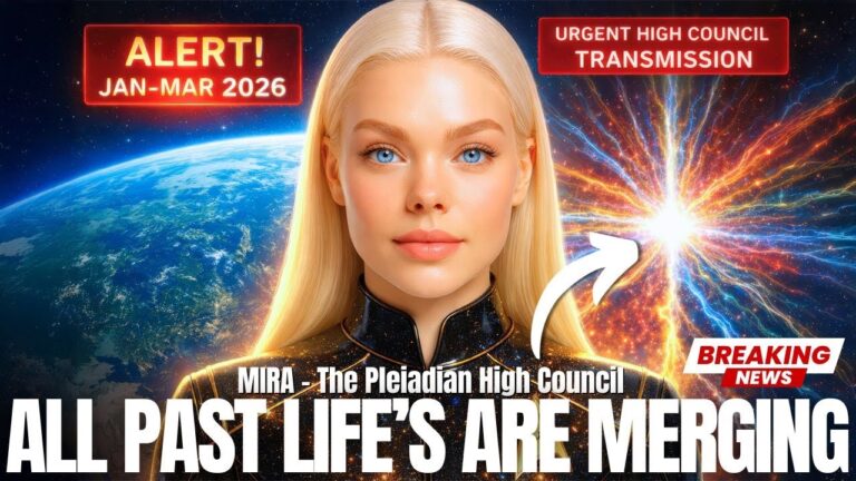 A cosmic-style thumbnail showing a blonde Pleiadian woman (Mira) in a dark star suit in front of Earth and a radiant light burst, with alert banners and the headline “ALL PAST LIVES ARE MERGING,” promoting a January–March ascension corridor message about timeline compression, emotional clearing, nervous system upgrades, and Golden Age New Earth embodiment.