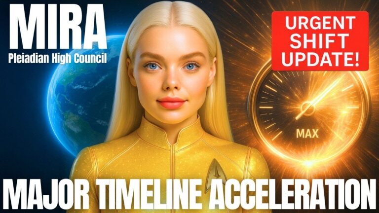 Illustration of Pleiadian envoy Mira standing before a glowing cosmic backdrop, surrounded by planetary light fields and a golden vortex representing timeline acceleration, ascension energies, and the approaching global event; vibrant colors emphasize urgency, matrix dissolution, and humanity’s rapid quantum shift toward higher-dimensional awakening.
