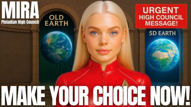 A golden-haired Pleiadian woman in a red outfit stands between two Earths labeled Old Earth and New Earth, with bold text reading “Make Your Choice Now!” and “Urgent High Council Message,” visually emphasizing timeline choice, New Earth leadership, and the rise of 5D presence.