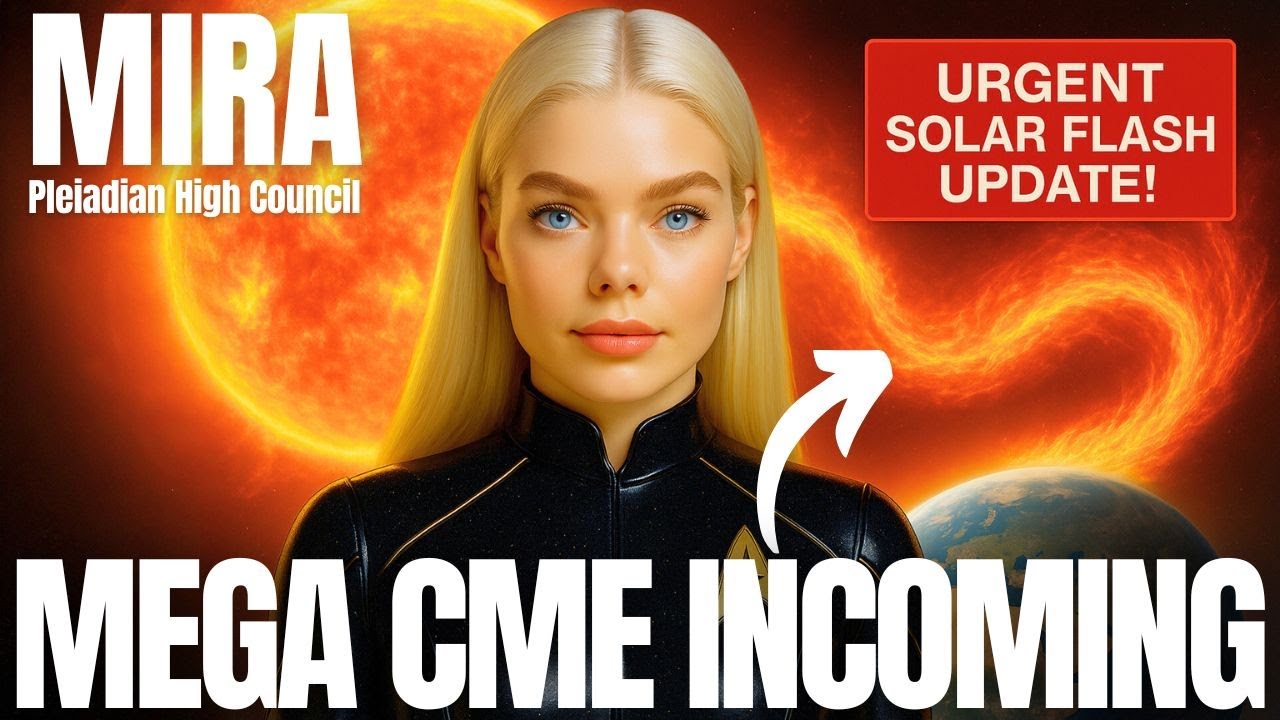 A bright solar warning graphic showing a blonde, luminous, extraterrestrial-looking woman standing before a massive erupting solar flare, with bold text reading “MEGA CME INCOMING.” The background features deep red and orange solar plasma waves, emphasizing urgency and the intensity of the Earthbound M8.1 CME known as the ACCELION Wave. The design conveys a high-alert solar update tied to an imminent geomagnetic impact and planetary energetic shift.