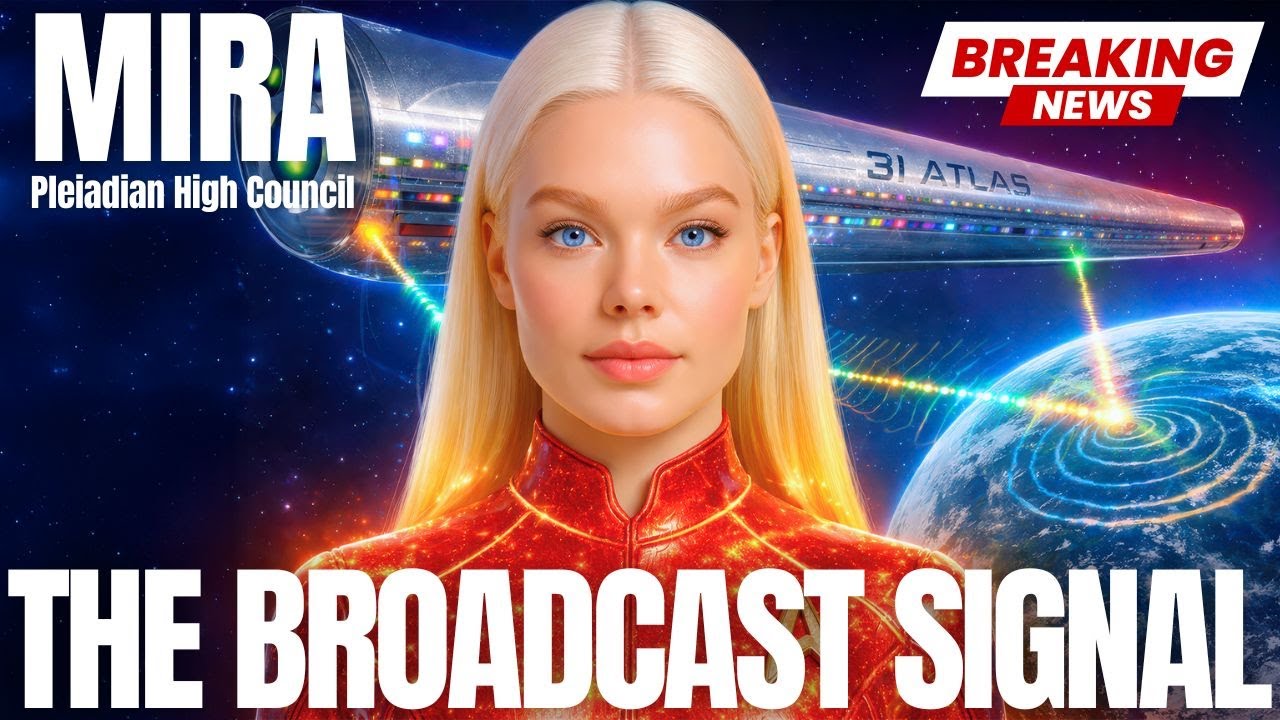 Pleiadian emissary Mira stands in front of a glowing cosmic starfield, golden hair illuminated by soft light, with energy waves and planets behind her and bold headline text that reads “MIRA – THE BROADCAST SIGNAL” and “Breaking Transmission,” visually reinforcing the 3I-Atlas interstellar broadcast, matrix grid dissolution, Starseed activation, and New Earth convergence themes of the article.