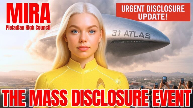 Blonde Pleiadian woman in a bright yellow outfit stands in front of a huge hovering UFO over a modern city skyline, with dramatic sunset clouds and bold red headline text reading “THE MASS DISCLOSURE EVENT” and smaller caption text “URGENT DISCLOSURE UPDATE,” visually signaling an imminent global UFO and galactic contact revelation.