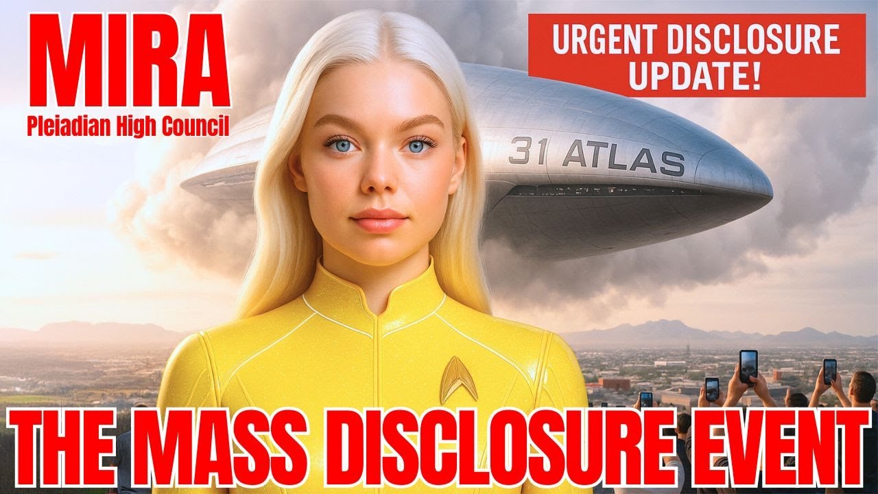 Blonde Pleiadian woman in a bright yellow outfit stands in front of a huge hovering UFO over a modern city skyline, with dramatic sunset clouds and bold red headline text reading “THE MASS DISCLOSURE EVENT” and smaller caption text “URGENT DISCLOSURE UPDATE,” visually signaling an imminent global UFO and galactic contact revelation.