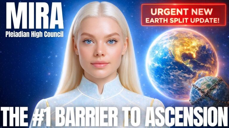 Close-up YouTube-style thumbnail showing a luminous blond starseed woman in a white suit against a deep blue cosmic background, with Earth split into light and dark behind her, a red “Urgent New Ascension Update” banner in the corner, and bold white text reading “The #1 Barrier to Ascension,” framed for a New Earth, Christ consciousness and spiritual polarity teaching post.