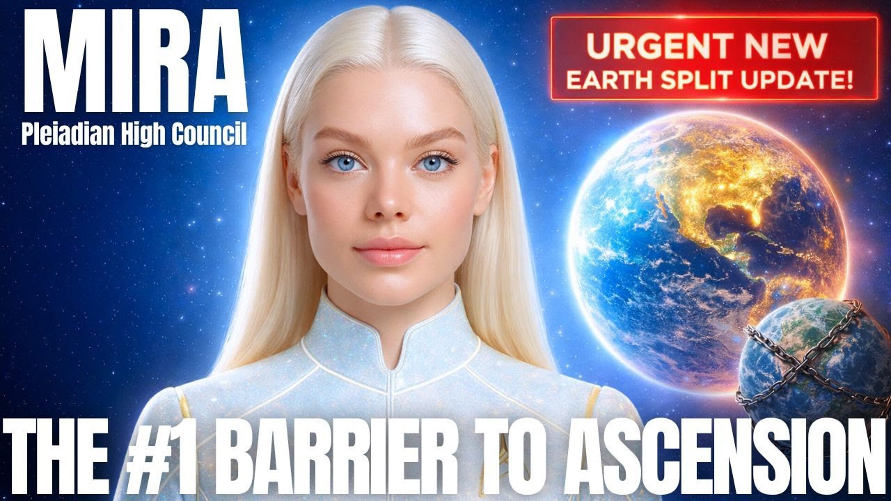 Close-up YouTube-style thumbnail showing a luminous blond starseed woman in a white suit against a deep blue cosmic background, with Earth split into light and dark behind her, a red “Urgent New Ascension Update” banner in the corner, and bold white text reading “The #1 Barrier to Ascension,” framed for a New Earth, Christ consciousness and spiritual polarity teaching post.