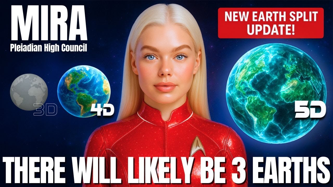 A cinematic New Earth update thumbnail showing a serene platinum-blonde Pleiadian woman in a red star-fleet style uniform in front of a starry cosmos, with Earth and the Moon beside her and glowing “3D” and “5D” symbols hinting at multiple timelines. Bold text reads “There Will Likely Be 3 Earths,” with a “New Earth Split Update” banner, visually framing Mira’s message about 3 Earth timelines, 3I Atlas, vibrational choice and the coming New Earth shift.
