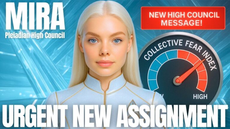 A Pleiadian star being with long light-blonde hair stands before a blue cosmic background, representing an urgent new Starseed mission activation. The image includes a red planetary shift alert dial, energetic wave patterns, and the words urgent new assignment, symbolizing the next phase of ascension, DNA awakening, and higher service for Starseeds on Earth during a major planetary frequency upgrade.