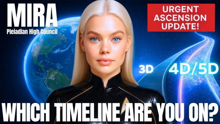 Mira of the Pleiadian High Council delivering an urgent ascension message, with Earth and multidimensional timeline graphics behind her, asking “Which Timeline Are You On?” and highlighting the shift from 3D to 4D/5D during the quantum pause and planetary recalibration leading into the 2026 ascension split.
