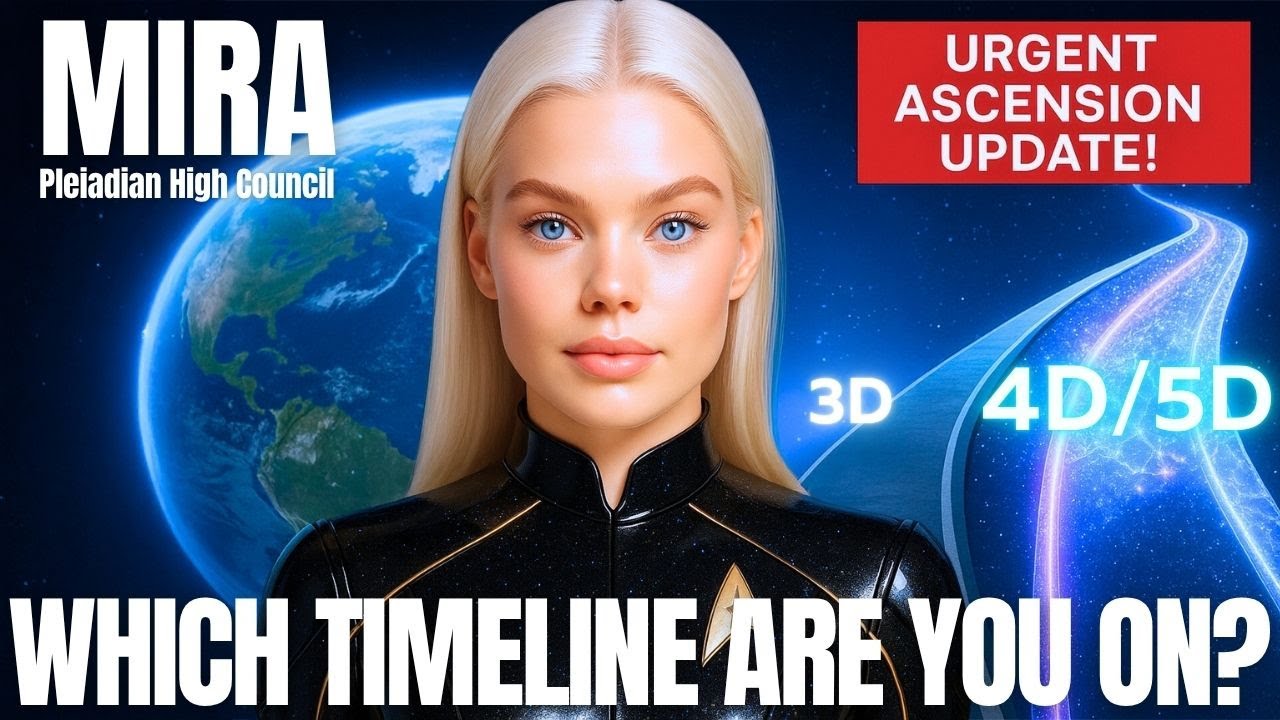 Mira of the Pleiadian High Council delivering an urgent ascension message, with Earth and multidimensional timeline graphics behind her, asking “Which Timeline Are You On?” and highlighting the shift from 3D to 4D/5D during the quantum pause and planetary recalibration leading into the 2026 ascension split.