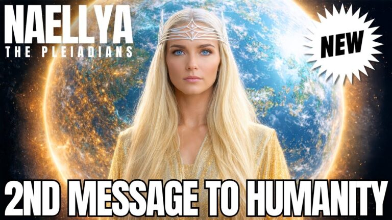 Naellya 2nd Message to Humanity thumbnail showing a radiant blond star-being in white robes standing between cosmic Earth and New Earth light fields, with bright auric waves, galaxies, and “2nd Message to Humanity” text, symbolizing New Earth 2026 ascension, heart-led navigation, and the gentle split of timelines.