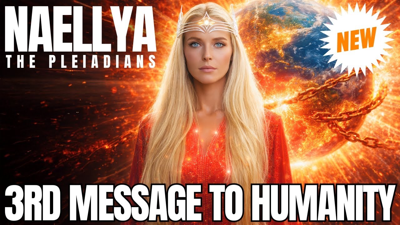 A luminous Pleiadian woman with long blonde hair and a crystal crown stands before a fiery, glowing Earth wrapped in broken golden chains, with the word “NEW” bursting in white on the right and the bold text “3RD MESSAGE TO HUMANITY” along the bottom, symbolizing Naellya’s latest transmission on New Earth ascension, global liberation, and the spiritual power of letting go, forgiveness, detachment, and timeline merging.