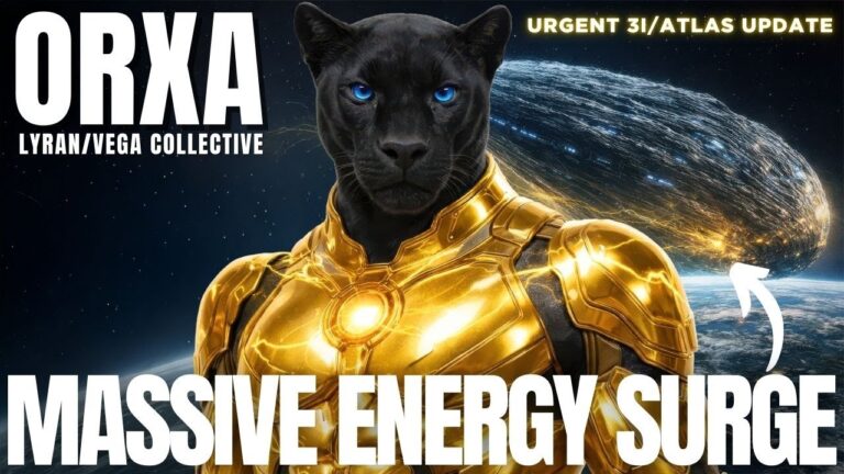 Golden Lyran being Orxa in radiant armor stands in front of a stormy cosmic sky with energy arcs and the words “ORXA – Massive Energy Surge,” illustrating the 3I Atlas peak proximity window, Winter Solstice corridor energies, timeline compression and starseed embodiment for the Galactic Federation of Light transmission.