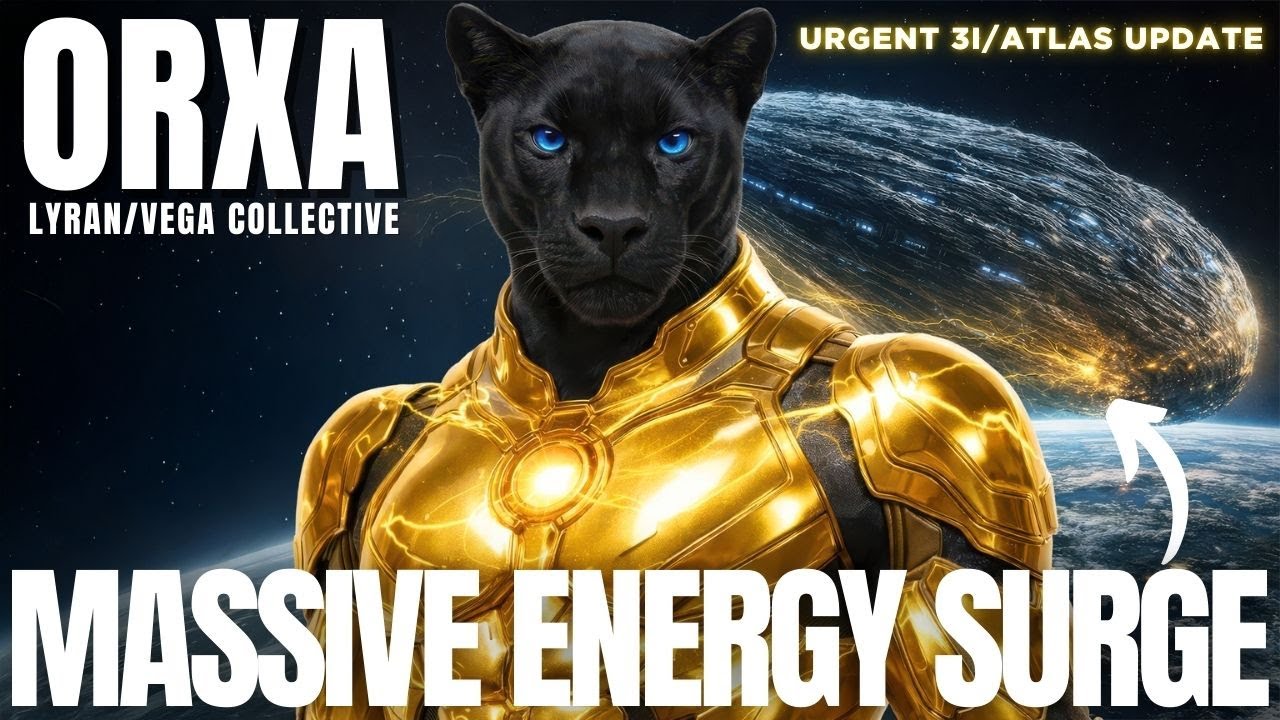 Golden Lyran being Orxa in radiant armor stands in front of a stormy cosmic sky with energy arcs and the words “ORXA – Massive Energy Surge,” illustrating the 3I Atlas peak proximity window, Winter Solstice corridor energies, timeline compression and starseed embodiment for the Galactic Federation of Light transmission.