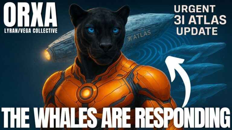 Orxa, the Vega Panthera emissary, stands in golden Lyran armor against a cosmic ocean backdrop, with the words ‘Urgent 3I Atlas Update’ and ‘The Whales Are Responding’ signaling a planetary hydrospheric activation message.