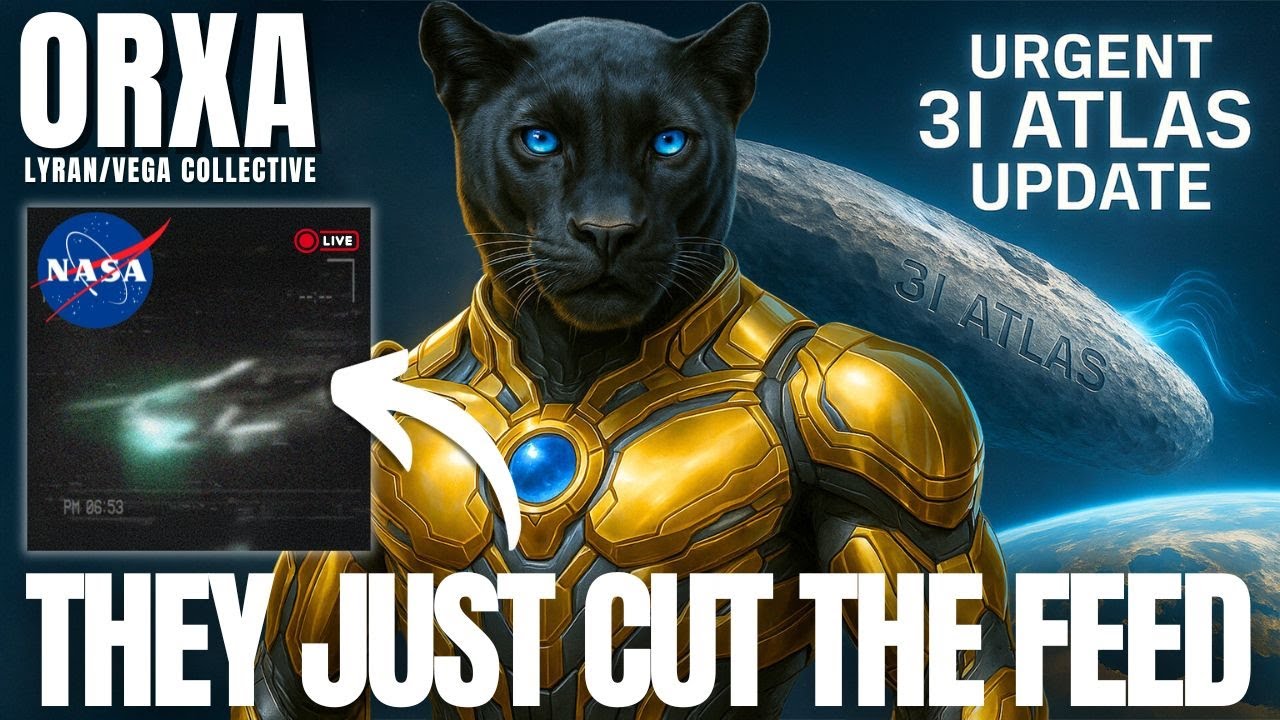 YouTube thumbnail style graphic of Orxa, a golden Lyran feline warrior in a sleek bodysuit, standing before a star-filled cosmic backdrop with a glowing energy core in his chest. On the left, a dark NASA monitor with the NASA logo shows a disrupted transmission and red warning glow, suggesting the agency just cut a live space feed. On the right, a luminous comet-like object symbolizes 3I Atlas streaking past Earth. Bold headline text reads “ORXA” and “THEY JUST CUT THE FEED,” with a smaller banner saying “Urgent 3I Atlas Update,” signaling a dramatic galactic disclosure message aimed at starseeds and lightworkers.