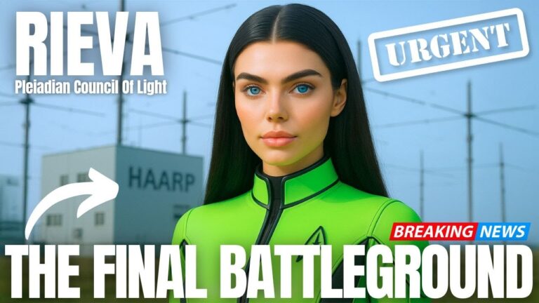 A modern Pleiadian-style woman with long dark hair stands confidently in a neon-green suit against a futuristic blue cityscape, representing a starseed messenger of New Earth consciousness. Bold headline text reads “THE FINAL BATTLEGROUND,” signaling the inner war between love and fear playing out in humanity’s heart. Smaller labels hint at “urgent” disclosure and awakening. The overall thumbnail feels like a high-impact YouTube cover, designed to attract starseeds, lightworkers and spiritual seekers into a channeled message about choosing love, opening the heart and crown chakras, and anchoring New Earth unity timelines on Earth.