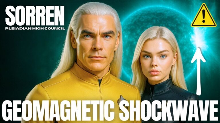 Pleiadian High Council emissaries Sorren and a female counterpart stand before a glowing teal geomagnetic field, warning of an imminent geomagnetic superstorm shockwave. The graphic highlights solar storm intensity, CIR compression, and dual-wave solar impact, symbolizing the incoming solar convergence window and planetary ascension acceleration.