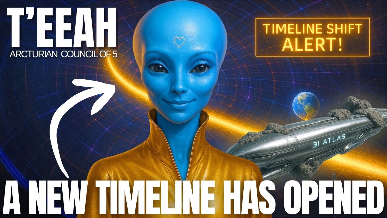 Teeah-A-New-Timeline-Has-Opened YouTube thumbnail showing T’EEAH, a blue-skinned Arcturian guide, in front of a glowing golden cosmos with Earth and a starship, bold text reading “T’EEAH” and “A NEW TIMELINE HAS OPENED” plus a “TIMELINE SHIFT ALERT” banner, illustrating a 3I/ATLAS cosmic countdown, New Earth timeline shift and forgiveness gateway for starseeds and Lightworkers.