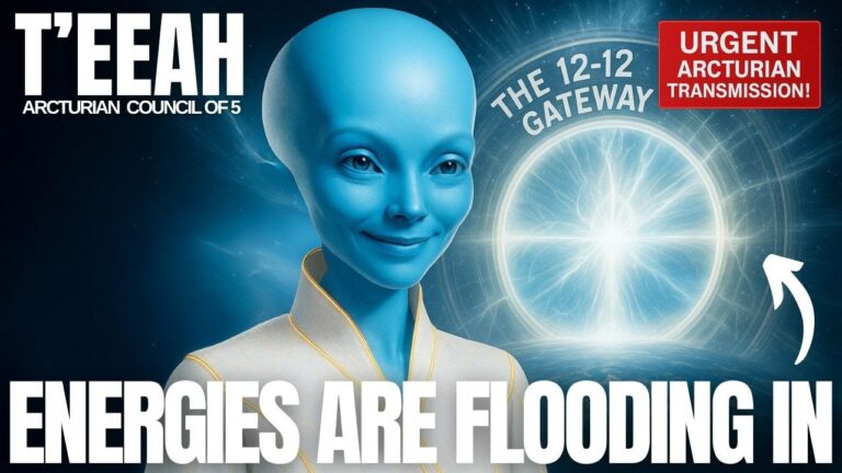 Blue Arcturian being T’eeah illuminated against a radiant solar field, with 12-12 gateway symbols and glowing photonic light, representing rising solar codes, DNA activation, and the opening of a new communication window between humanity and the Sun.
