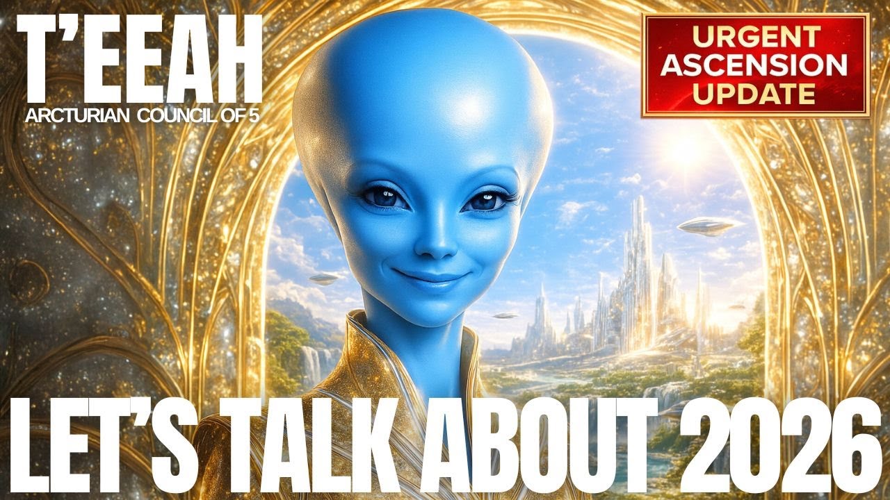 A bold YouTube-style thumbnail for a Galactic Federation transmission about 2026. In the center, a serene blue Arcturian being with large luminous eyes looks directly at the viewer, radiating calm intelligence and a subtle glow. Behind them, a golden portal or circular stargate opens over an abstract cosmic backdrop, suggesting timelines, solar codes and an incoming wave of light. Across the lower half of the image, big white headline text reads “LET’S TALK ABOUT 2026,” inviting starseeds to click and listen. At the top left, the name Teeah appears in all caps, while a small red badge in the upper right corner signals that this is a Light Ascension Update. The overall color palette blends deep blues, golds and soft light effects to convey hope, disclosure and a pivotal conversation about the double helix activation and the coming light wave that changes everything.