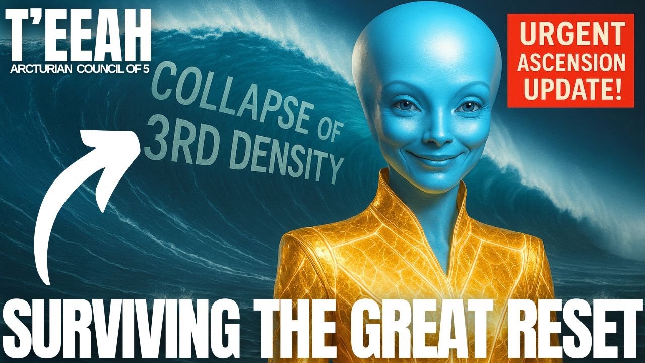 A vivid thumbnail image featuring T'eeah, a serene blue Arcturian being in a glowing golden robe, standing before a dark, stormy cosmic backdrop with waves and lightning. Bold text reads “T’EEAH,” “Collapse of 3rd Density,” and “Surviving the Great Reset,” with an “Urgent Ascension Update” badge, visually signaling a powerful message about the vibrational purge, coherence, relationship mirrors, and New Earth timelines.
