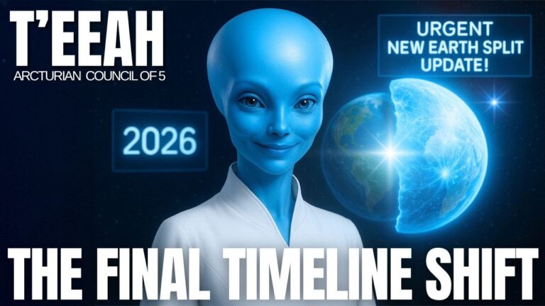 A blue Arcturian being stands beside a glowing Earth with the words “The Final Timeline Shift” overlaid, representing humanity’s bifurcation between 3D and 5D realities during the New Earth ascension.