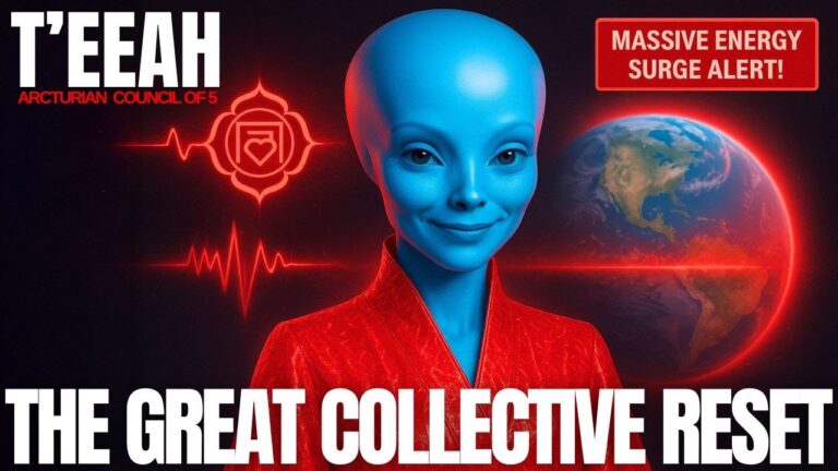A glowing blue Arcturian being named Teeah appears against a red cosmic background, with solar flare waves, Earth timeline graphics, and the bold title “THE GREAT COLLECTIVE RESET,” symbolizing the massive ascension purge cycle, solar flare surges, planetary grid shifts, and humanity’s nervous system recalibration during the timeline convergence.