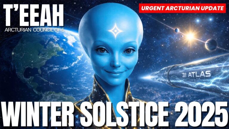 A vivid YouTube-style thumbnail of Teeah, a blue-skinned Arcturian being with a glowing light on her forehead, standing before Earth, stars, and a massive starship in deep space, with bold white text reading “T’EEAH” at the top and “WINTER SOLSTICE 2025” across the bottom, illustrating a transmission about the Winter Solstice 2025, sovereign starseeds, 3I Atlas disclosure, nervous-system stability, and planetary self-governance.