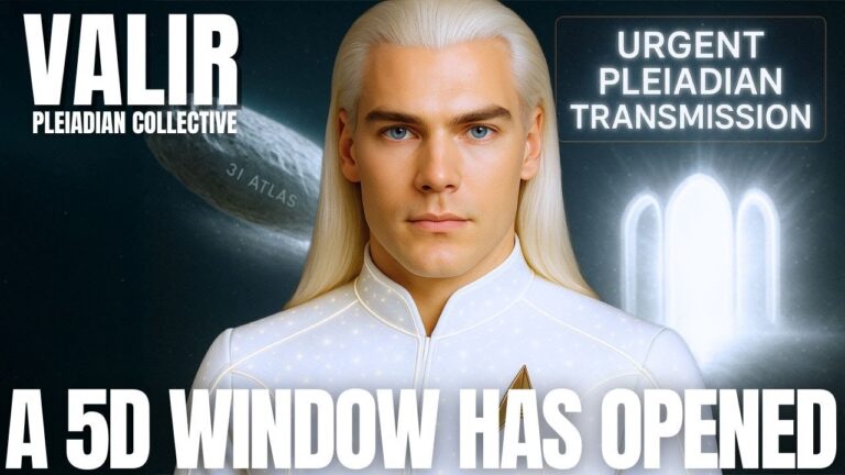 A solemn, otherworldly Pleiadian-looking figure with long platinum hair stands illuminated against a cosmic backdrop, accompanied by bold text announcing an urgent ascension window. The image conveys a powerful, high-frequency transmission about a newly opened energetic gateway and humanity’s choice between love and fear during a planetary shift into higher consciousness.
