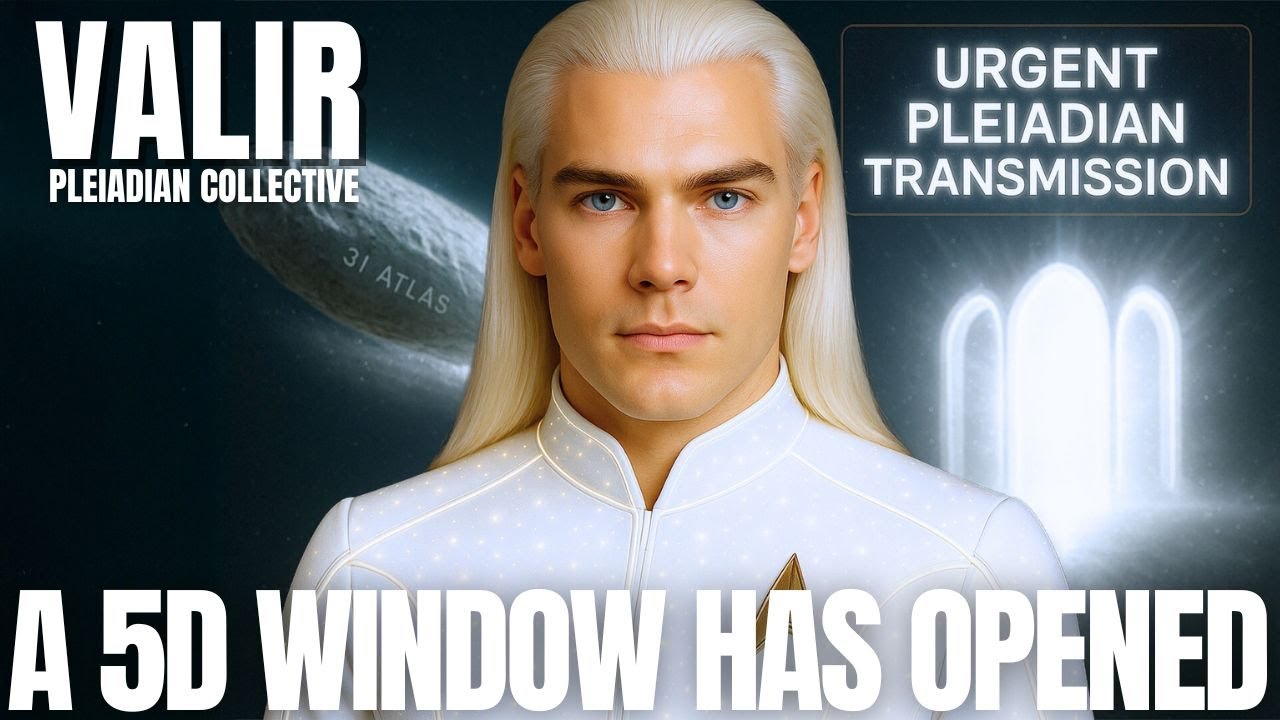 A solemn, otherworldly Pleiadian-looking figure with long platinum hair stands illuminated against a cosmic backdrop, accompanied by bold text announcing an urgent ascension window. The image conveys a powerful, high-frequency transmission about a newly opened energetic gateway and humanity’s choice between love and fear during a planetary shift into higher consciousness.