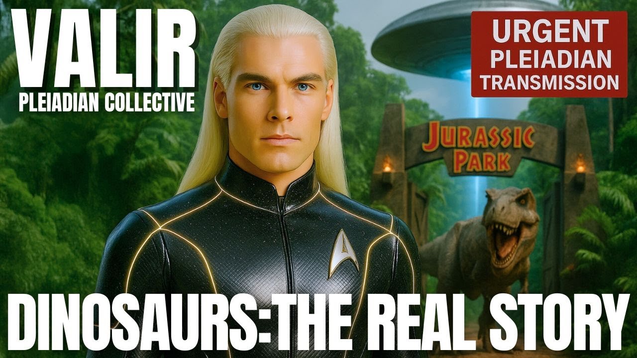 A YouTube-style thumbnail featuring the blond Pleiadian emissary Valir standing in front of a lush green forest and glowing sky. He wears a sleek black and gold star-uniform, looking directly at the viewer with a calm but urgent expression. To the right, a dark flying saucer hovers above trees, hinting at hidden contact and galactic oversight. Bold headline text along the bottom reads “DINOSAURS: THE REAL STORY,” with a red badge in the upper corner signaling an urgent Pleiadian transmission. The overall design feels cinematic, mysterious and disclosure-themed, inviting viewers to learn why the official dinosaur extinction story doesn’t add up.