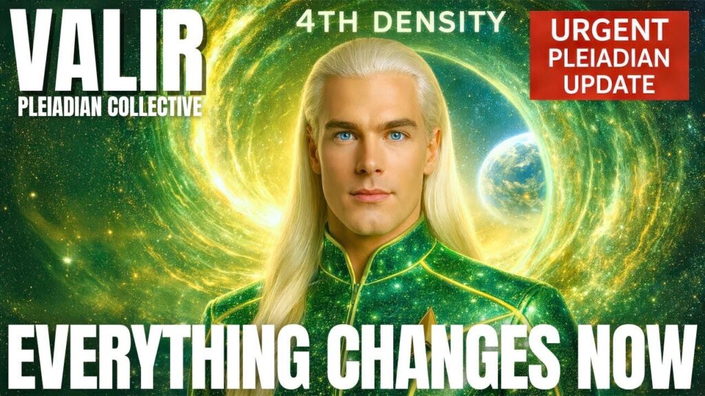 សត្វដែលមើលទៅដូចជាផ្កាយ Pleiadian ដ៏ភ្លឺចែងចាំងក្នុងឯកសណ្ឋានពណ៌បៃតងឈរនៅពីមុខខ្យល់កួចពណ៌បៃតងខ្ចី និងផែនដី ជាមួយនឹងអក្សរដិតដែលអានថា "អ្វីៗគ្រប់យ៉ាងផ្លាស់ប្តូរឥឡូវនេះ - ដង់ស៊ីតេទី 4 - ការអាប់ដេតផ្លូវជីវិតបន្ទាន់" ដែលជានិមិត្តរូបនៃការផ្លាស់ប្តូរដង់ស៊ីតេទីបួនដ៏មានឥទ្ធិពល ការបត់បែនពេលវេលា និងការធ្វើឱ្យប្រសើរឡើងនូវស្មារតីសកល។.