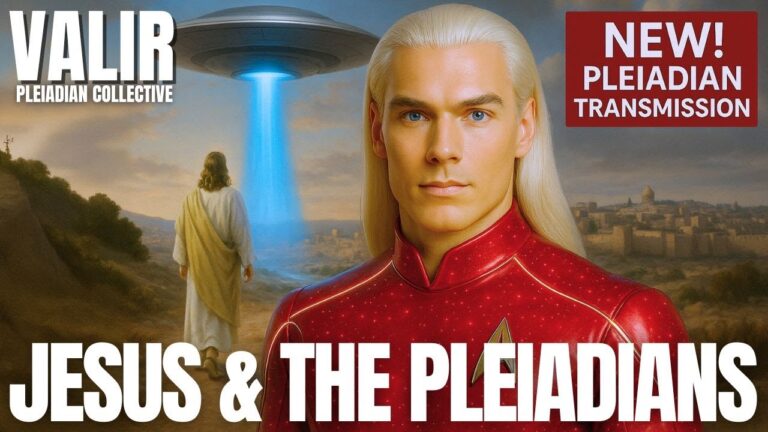 A dramatic Pleiadian disclosure graphic featuring Valir standing before a glowing starship beam, revealing the cosmic origins of Yeshua, the truth behind the holographic crucifixion, and humanity’s incoming Galactic Awakening.