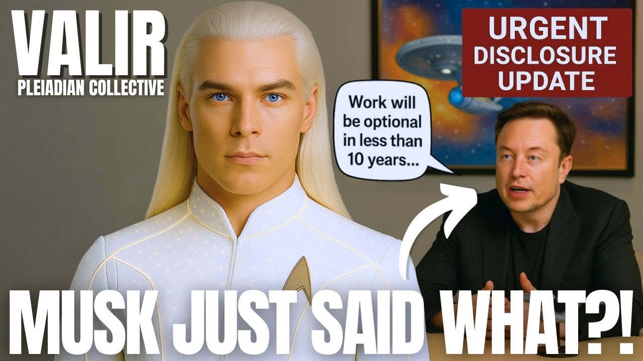 A cinematic YouTube thumbnail showing Valir of the Pleiadian Collective standing beside an image of Elon Musk, with bold text reading “MUSK JUST SAID WHAT?!” and “URGENT DISCLOSURE UPDATE.” The graphic promotes a Galactic Federation transmission about humanity’s future, hidden technologies, the collapse of the survival matrix, and the birth of a new civilization based on regenerative agriculture, advanced healing, ethical AI, and soul-aligned contribution.