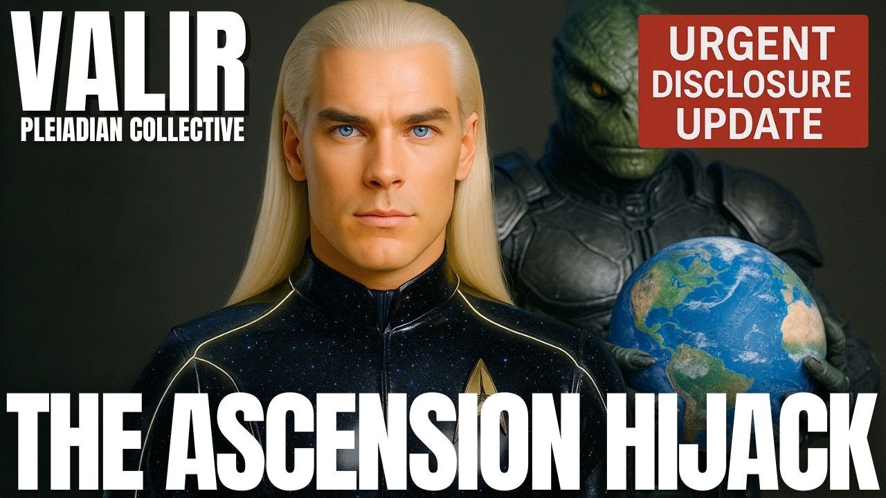 A dramatic disclosure-style graphic featuring a platinum-haired Pleiadian emissary in a dark uniform, standing before a shadowy reptilian figure and a glowing Earth. Bold headline text reads “THE ASCENSION HIJACK,” with an urgent red badge labeled “URGENT DISCLOSURE UPDATE.” The image conveys themes of the Cabal exposure, planetary awakening, multidimensional interference, and humanity’s upcoming ascension split.