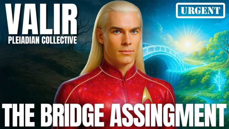 A vivid 1280x720 YouTube-style thumbnail showing Valir of the Pleiadian collective as a tall, long-haired blond star being in a red uniform, standing before a luminous cosmic landscape of blue sky, stars and emerald light over Earth. Bold white text reads “THE BRIDGE ASSIGNMENT,” with “VALIR” and “PLEIADIAN COLLECTIVE” at the top, visually emphasizing the 2026 Starseed Directive and the new bridge-bearer mission to stabilize a polarized planet.