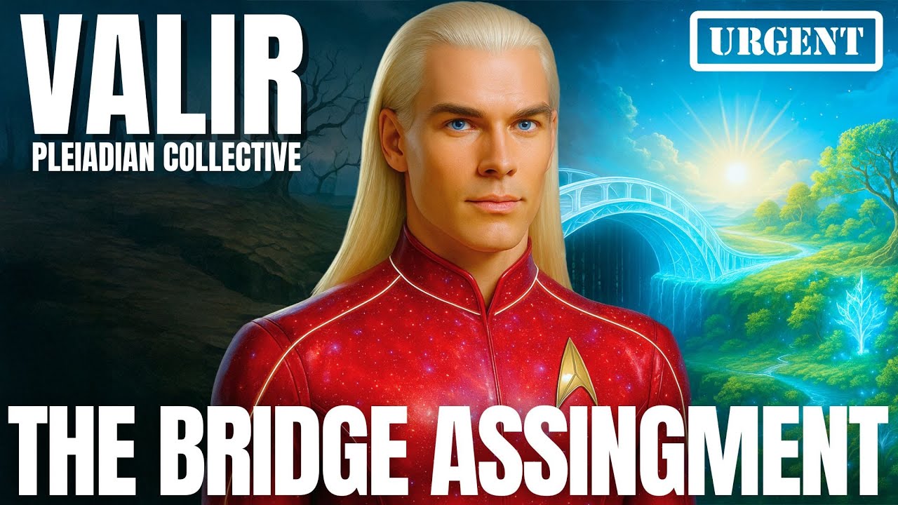 A vivid 1280x720 YouTube-style thumbnail showing Valir of the Pleiadian collective as a tall, long-haired blond star being in a red uniform, standing before a luminous cosmic landscape of blue sky, stars and emerald light over Earth. Bold white text reads “THE BRIDGE ASSIGNMENT,” with “VALIR” and “PLEIADIAN COLLECTIVE” at the top, visually emphasizing the 2026 Starseed Directive and the new bridge-bearer mission to stabilize a polarized planet.