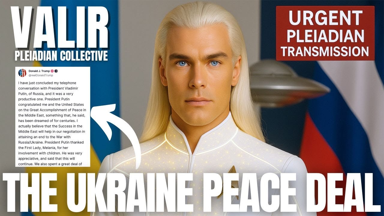 Close-up YouTube-style thumbnail showing a luminous Pleiadian figure in white with long blond hair standing before blended Ukrainian and Russian/US flags, flanked by panels reading “VALIR” and “Urgent Pleiadian Transmission,” with bold headline text along the bottom that says “THE UKRAINE PEACE DEAL,” visually emphasizing a galactic message about the Ukraine peace accord and the end of war consciousness.