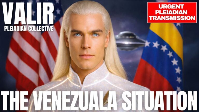 A Pleiadian being named Valir stands between the U.S. and Venezuelan flags on a dark cosmic backdrop, with the words ‘The Venezuela Situation’ highlighted like a news banner, visually framing a transmission about the Venezuela war theatre, quantum financial reset, hidden guardians and the prevention of World War III.